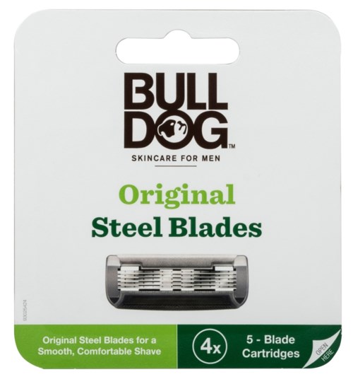 Box with Bulldog logo, green text, and a razor image for men's shave blades inside.