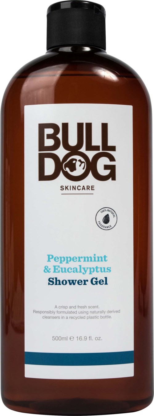 Eine braune Flasche Bulldog Skincare Peppermint & Eucalyptus Duschgel mit schwarzem Deckel.