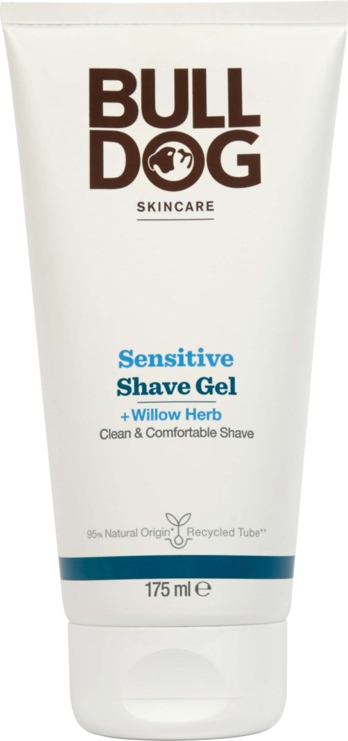 A white tube of Bulldog Skincare Sensitive Shave Gel with blue and brown text, featuring a small dog logo.