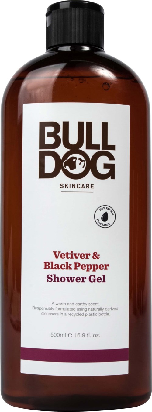 A brown bottle with a black cap, labeled 'BULL DOG SKINCARE Vetiver & Black Pepper Shower Gel,' 500ml size.