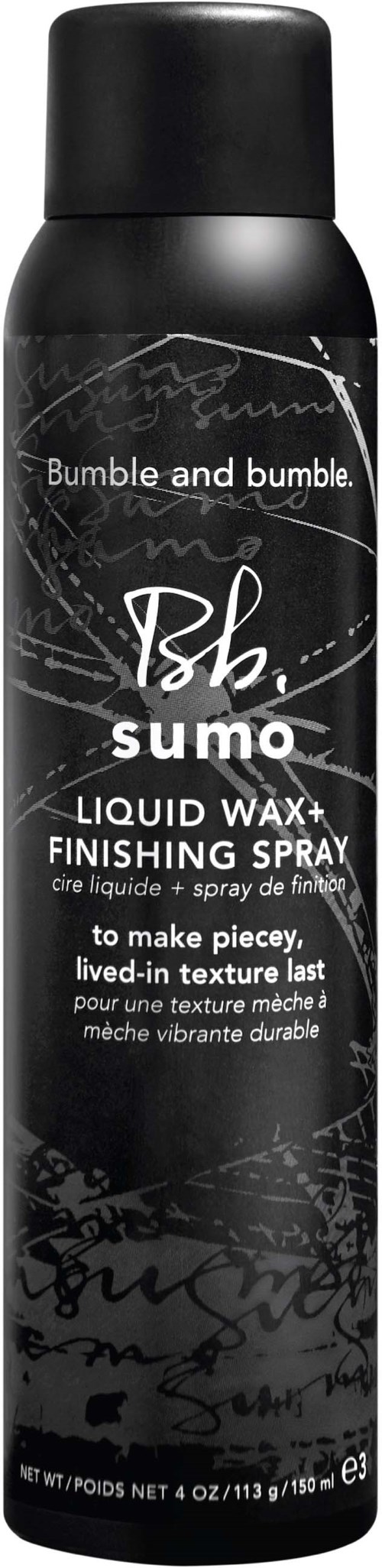 Eine schwarze Dose Bumble and Bumble Sumo Flüssigwachs-Finish-Spray. Text beschreibt seinen Zweck für Haare.