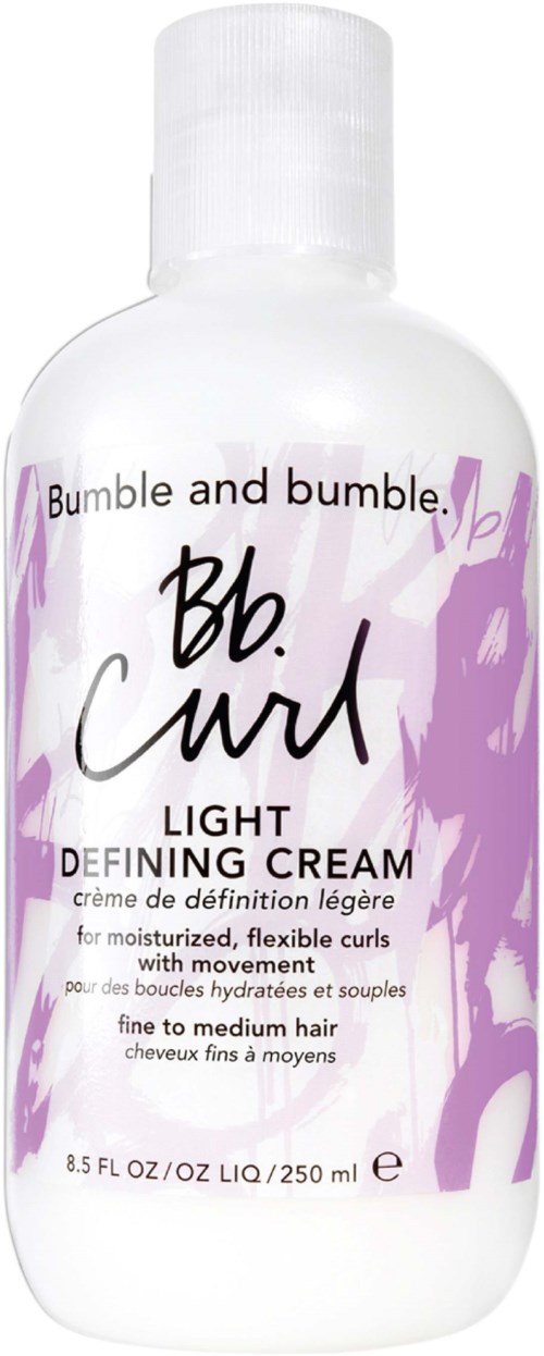 Eine weiße Flasche mit Bumble and Bumble Haarkrem, für leichtes Styling, für mittleres Haar, mit lila Design.