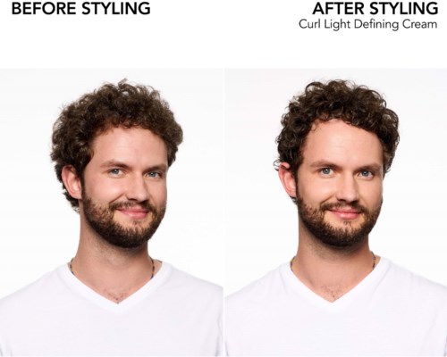 Bild zeigt einen Vorher-Nachher-Vergleich der Frisur eines Mannes, mit der Anwendung einer Lock-Light-Defining-Creme.