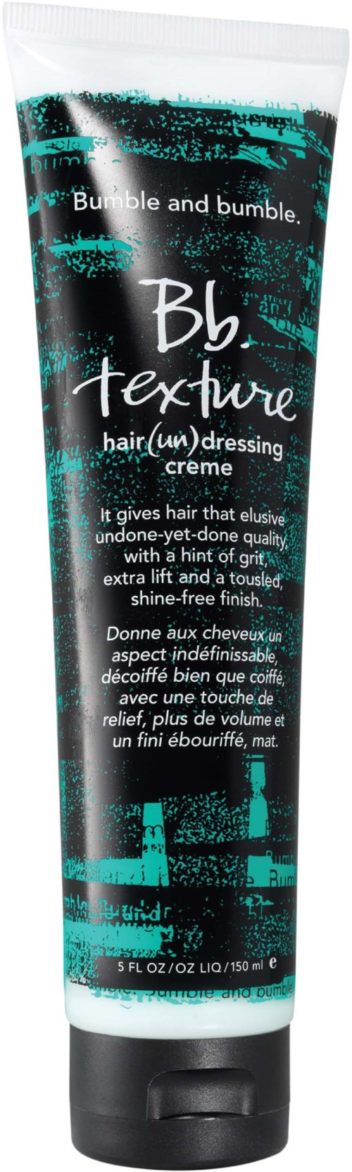 Schwarze und türkisfarbene Tube mit Text über Haare und Textur, eine dicke Stylingcreme.