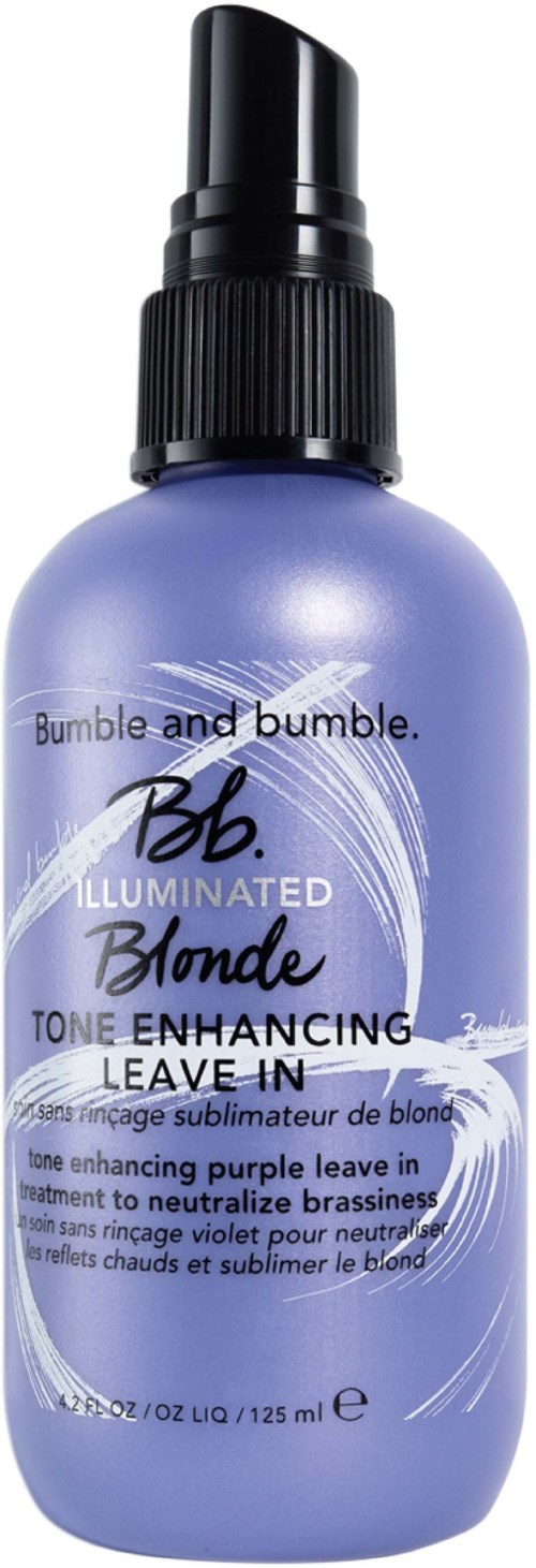 Purple spray bottle for blonde hair, labeled as tone-enhancing leave-in treatment to neutralize brassiness.