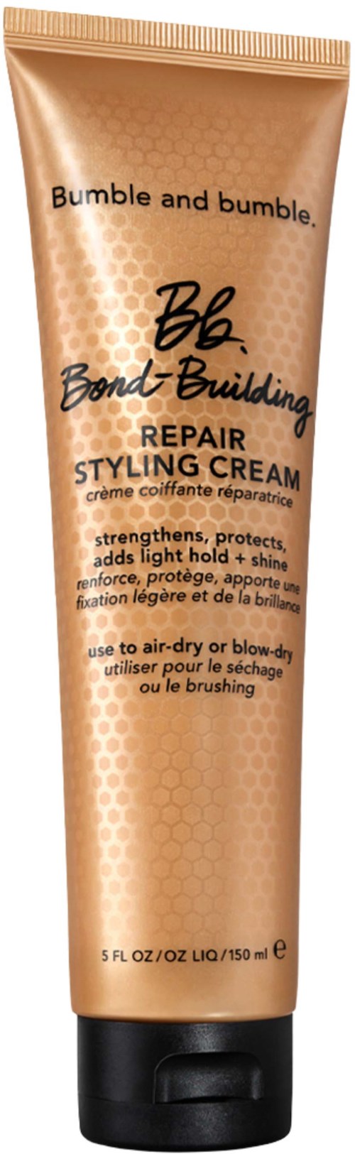 Eine Tube Bumble and Bumble Repair Styling Cream mit Wabe-Design und schwarzem Deckel.