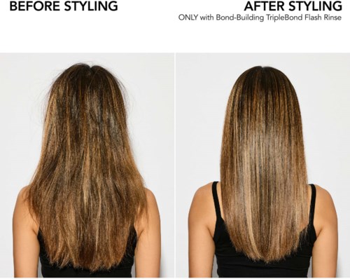 Links zeigt es welliges, glanzloses Haar; rechts zeigt es glattes, glänzendes Haar nach Styling mit einer speziellen Spülung.