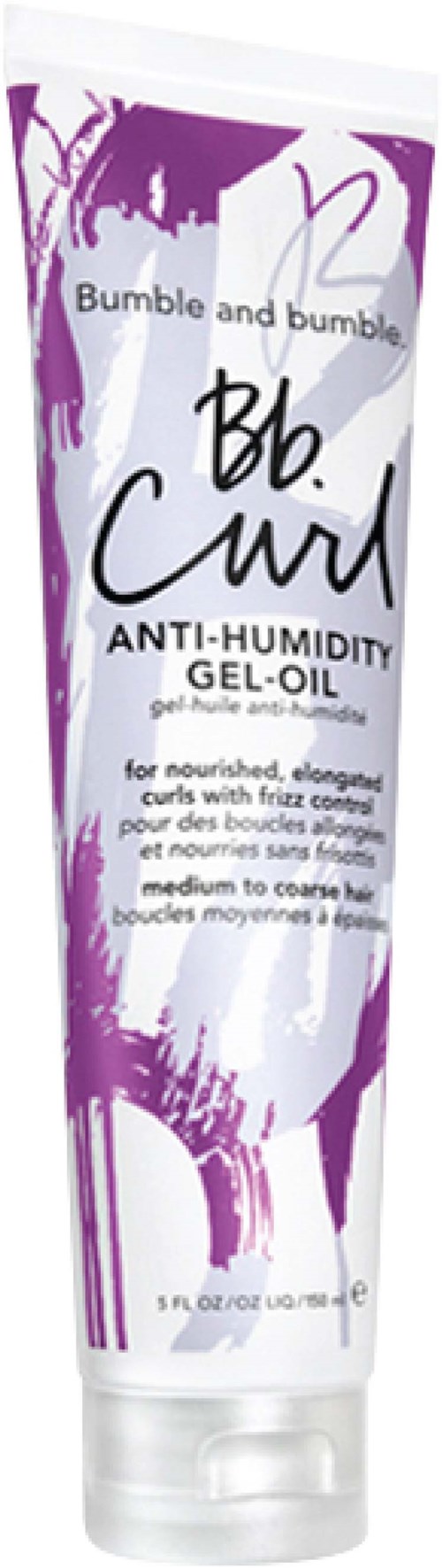 Eine Tube Bumble and Bumble Anti-Humidity Gel-Öl für mittleres bis grobes Haar mit lila und weißem Design.
