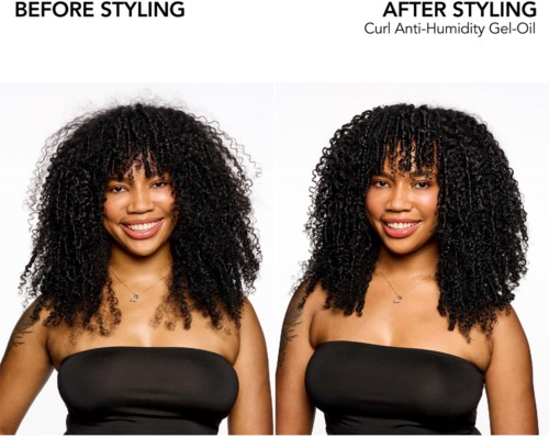 Der Vergleich zeigt, wie Curl Anti-Humidity Gel-Öl Frizz kontrolliert, die Haare definierter und glänzender macht.