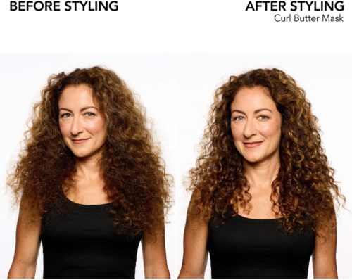 Zwei Bilder zeigen lockiges Haar vor und nach Styling mit einem Curl Butter Mask, mit glatteren Locken nach dem Styling.