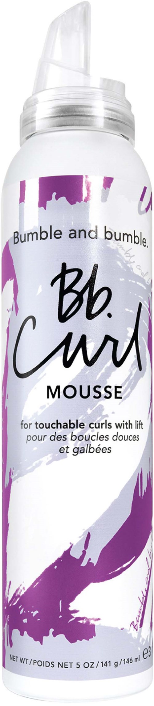Eine weiße Flasche mit lila und schwarzen Text, beschriftet 'Bumble and bumble. Bb. Curl MOUSSE für fühlbare Locken.'