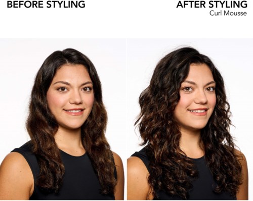 Der Vergleich zeigt gerade Haare vor dem Styling und lockiges Haar nach Verwendung von Curl Mousse.
