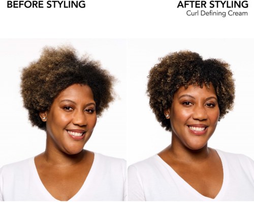 Nebeneinanderbilder zeigen vor und nach Styling, mit einem woman's Haar, das nach Verwendung von Lockcreme definierter und handhabbarer aussieht.