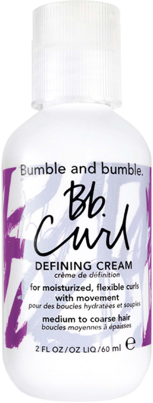 A white bottle of Bumble and Bumble Bb. Curl defining cream for medium to coarse hair with purple and black text.