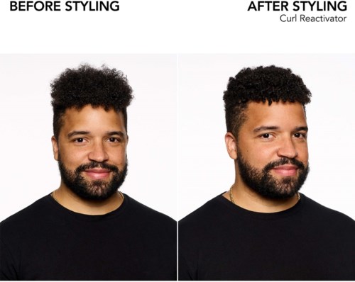 Ein Mann mit lockigem Haar vor und nach dem Styling, zeigt ein glatteres, definierteres Aussehen nach Verwendung eines Lockreaktivators.