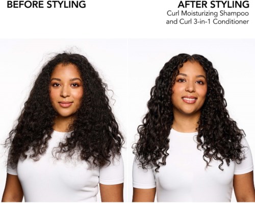Vorher und nachher Styling der Haare, zeigt die Wirkung von einem Locken-Feuchtigkeits-Shampoo und Conditioner. Das Haar sieht definierter und glänzender aus nach dem Styling.
