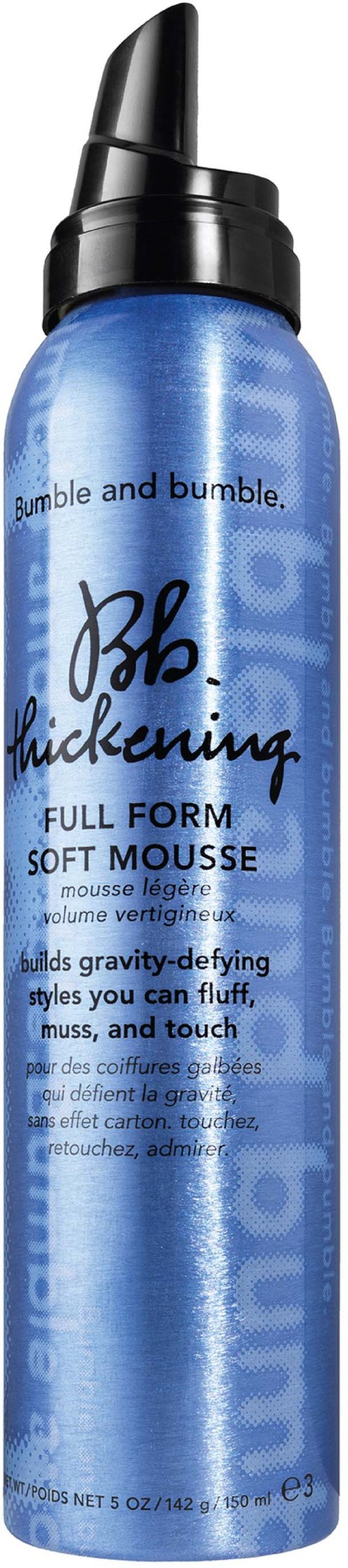 Blauer Flasche mit schwarzem Deckel, beschriftet 'Bumble and Bumble, Thickening Full Form Soft Mousse.'