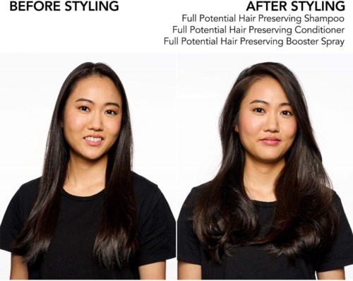 Een vrouw met recht haar voor styling, en daarna met volumineus, golvend haar na gebruik van haarproducten.