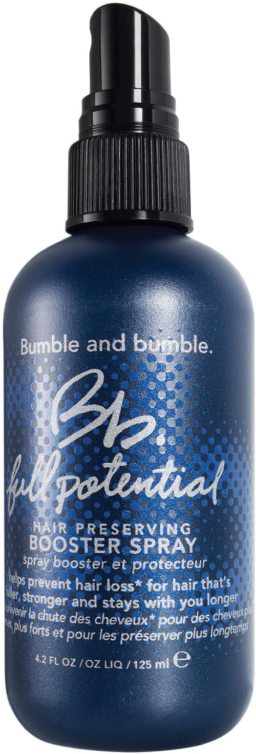 Blaue Flasche mit Bumble and Bumble Haarpflegespray mit Pump, als Haarverstärker und Schutz gekennzeichnet.