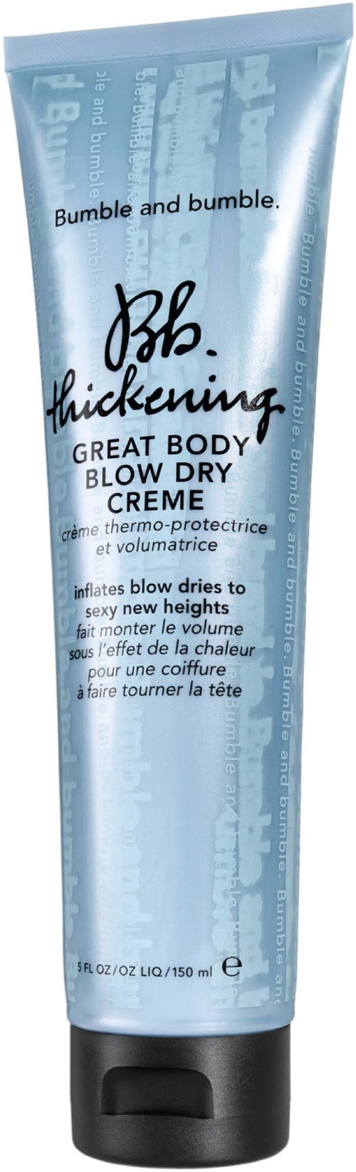 Eine blaue Tube von Bumble and Bumble Thickening Great Body Blow Dry Creme, um Volumen zu verleihen.
