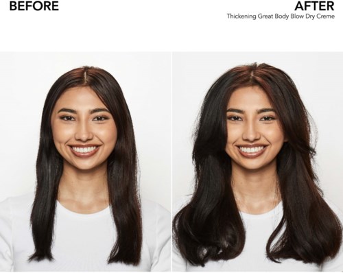 Nebeneinander-Fotos zeigen Haare vor und nach einem Volumen-Blow-Dry, mit vollerer Haar im zweiten Bild.