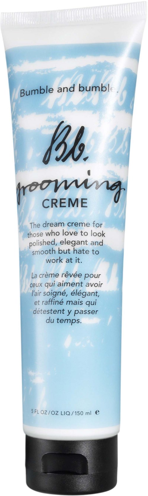 Blaue und weiße Tube mit Bumble and Bumble Haarkreme, Text über glänzendes, glattes Haar.