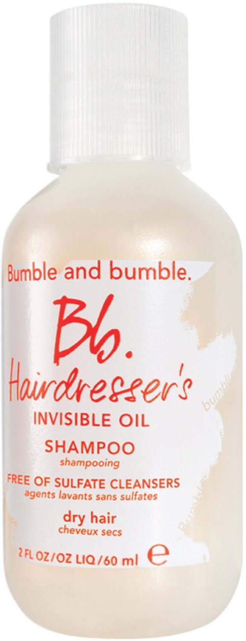 Kleine weiße Flasche mit Beschriftung 'Bumble and bumble. Hairdresser's Invisible Oil Shampoo' für trockenes Haar, 2 fl oz.