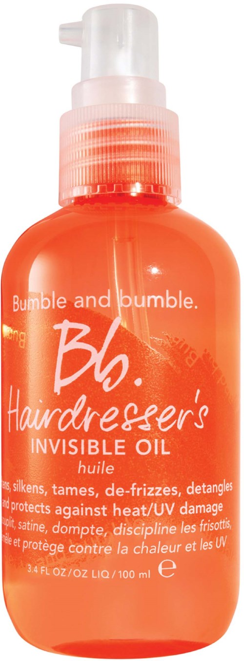 Orangene Flasche mit Pumpe enthält Bumble and Bumble Hairdresser's Invisible Oil. Text beschreibt Schutz vor Hitze und UV-Schäden.