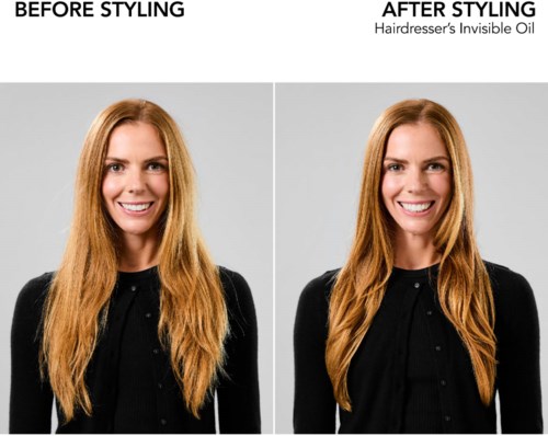 Nebenvergleich eines Frauenhaars vor und nach der Anwendung des Friseurs Unsichtbares Öl, zeigt glatteres, glänzenderes Haar nach.