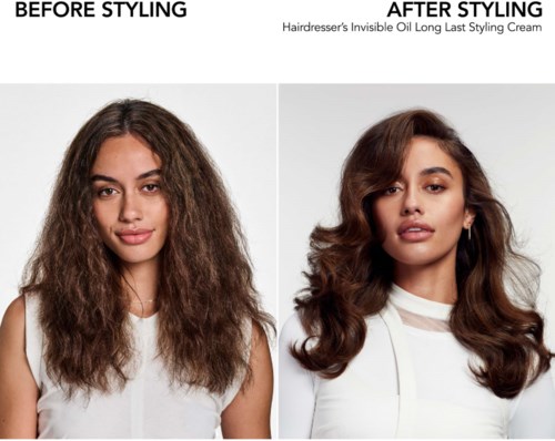 Zwei Frauen mit unterschiedlichen Frisuren, eine lockig und eine glatt, vor und nach Haardesign mit spezieller Creme.