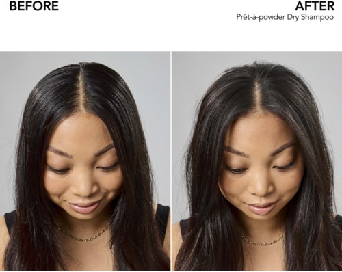 Seiten-ansicht Bilder, die Haarpflege mit Trockenshampoo-Effekt vor und nach zeigen.
