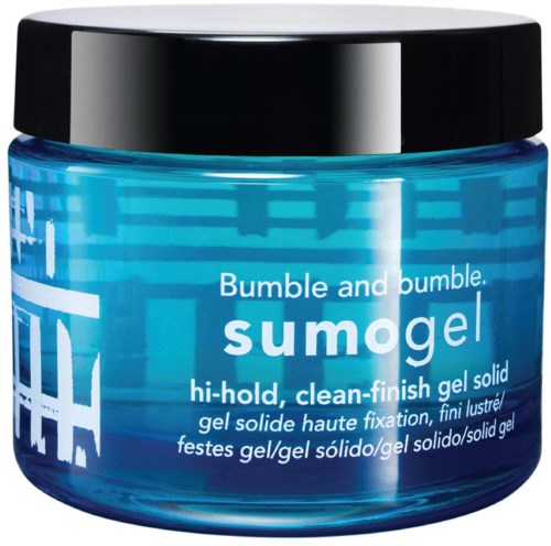 A blue jar with a black lid, labeled as Bumble and bumble Sumogel for strong hair holds and shine.