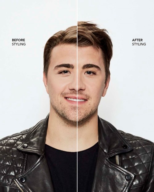 Ein Mann mit gestyltem Haar, eine Seite vor Styling, andere nach Styling, trägt Lederjacke.