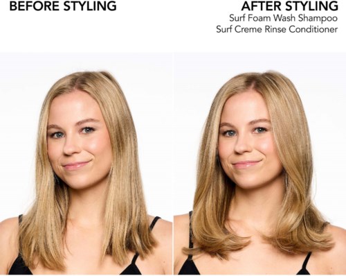 Vorher und nachher Styling: Haare sehen voluminöser, glänzender und gestylter aus nach Verwendung von Surf Foam Wash Shampoo und Conditioner.