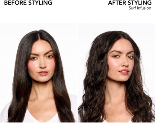 Bilder viser en kvinnes hår, rett før styling og bølget etter styling. Teksten sier 'før' og 'etter' styling.