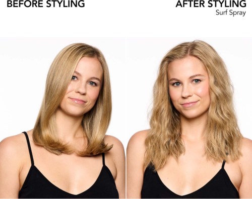 Nebeneinander gezeigte Fotos zeigen Haare vor und nach Styling mit Surfspray. Haare sind anfangs glatter, werden dann welliger und strukturierter.