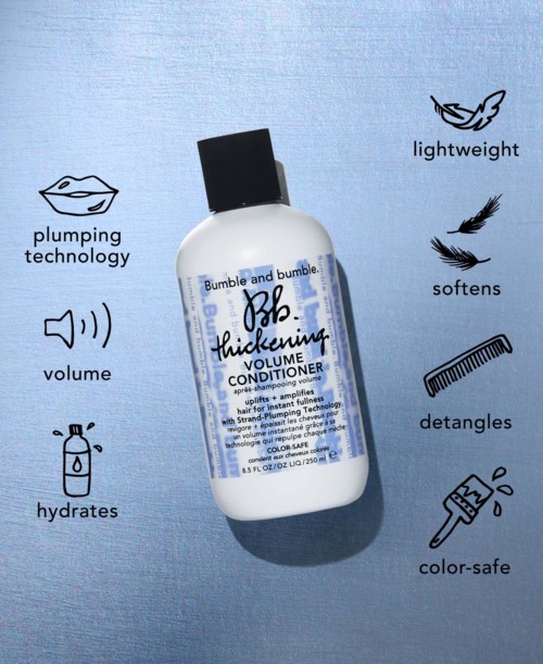 Eine Haarpflegeflasche mit Symbolen, die Vorteile wie Volumen, Weichheit, leicht, hydratisiert und farbsicher zeigen.