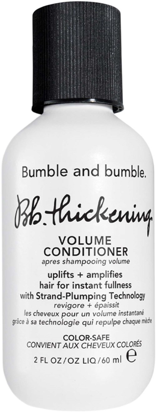 Eine weiße Flasche mit schwarzem Deckel, beschriftet 'Bumble and Bumble. Bb. Thickening' für Haarvolumen, 2 fl oz.