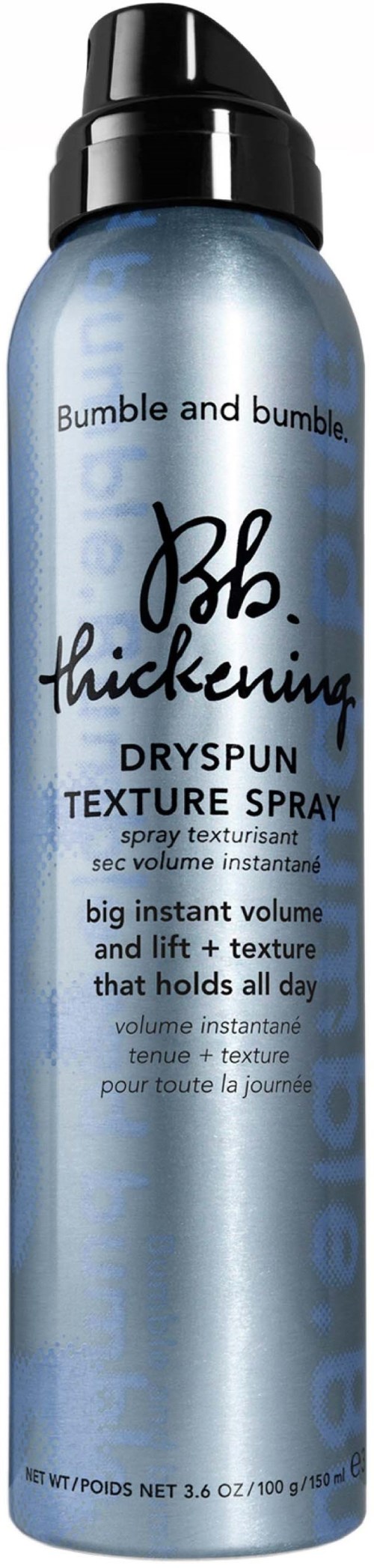 Ein silberner Spraydose von Bumble and bumble Dryspun Texture Spray mit schwarzem Deckel und blauer Beschriftung.