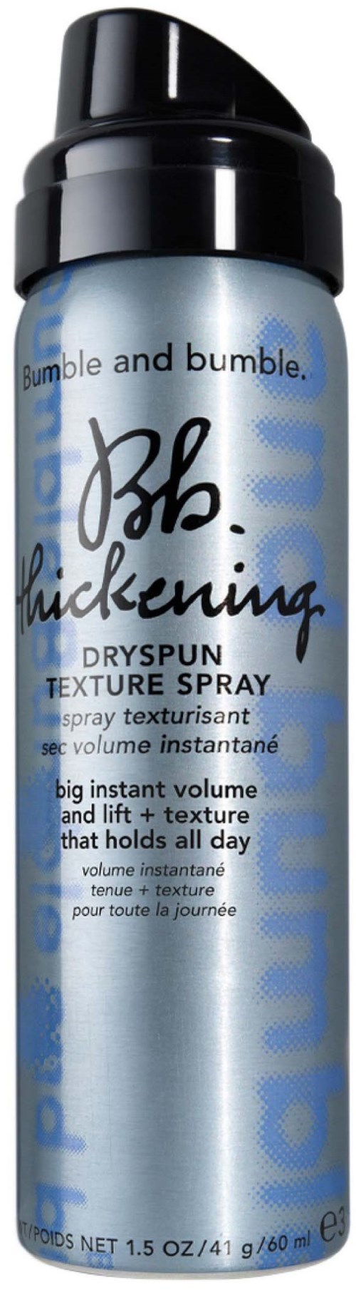 Eine silberne und blaue Bumble and Bumble B. Muskering Sprühflasche für Haare mit schwarzem Deckel.