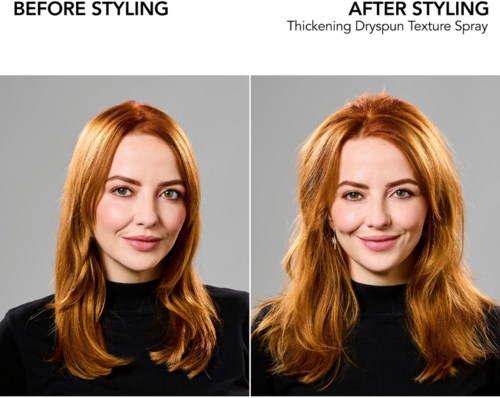 Das Bild zeigt das Haar einer Frau vor und nach der Verwendung eines Verdickungssprays. Das Haar sieht voller und besser gestylt aus.