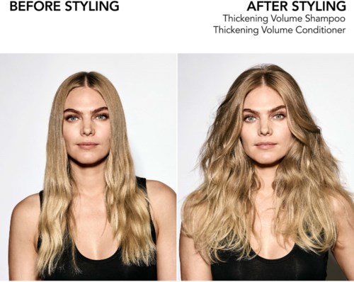 Zwei nebeneinander stehende Fotos, die Haare vor und nach Verdickungsbehandlungen zeigen. Rechts ist voluminöser, welligeres Haar.