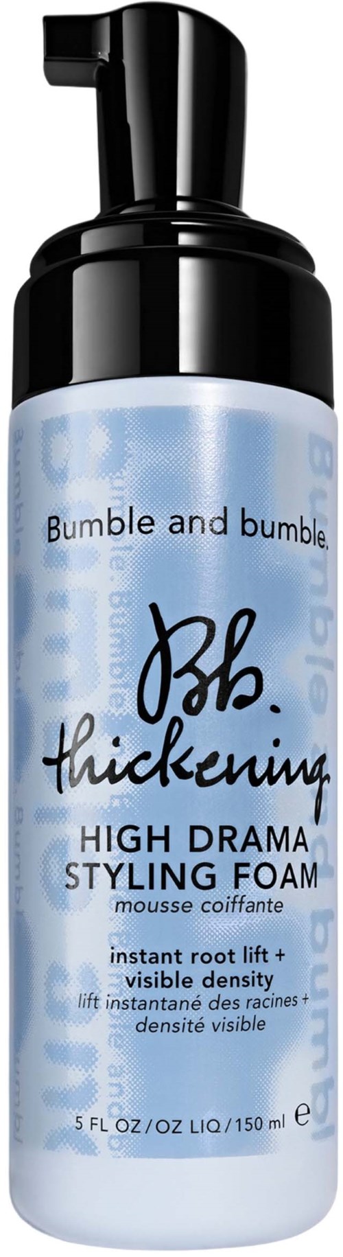 En blå og svart flaske av Bumble and Bumble, High Drama Styling Foam med pumpehett.