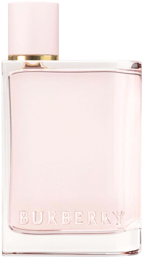 Eine rosa Parfümflasche mit einem goldenen Ring oben und "BURBERRY" eingraviert am Boden.