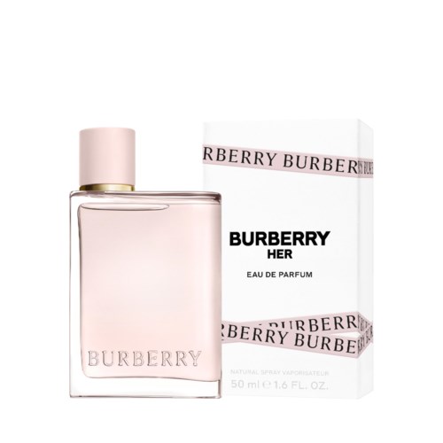Ein Burberry-HER-Parfümflasche mit einer weißen Verpackung im Hintergrund.