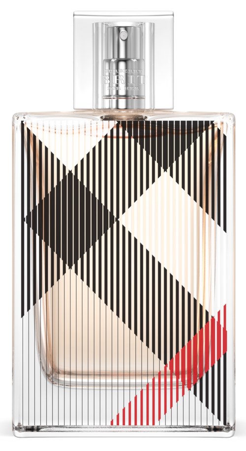 Ein Parfümflasche mit einem schwarzen und weißen geometrischen Muster und einem roten diagonalen Streifen, klarer Verschluss und Zerstäuber.