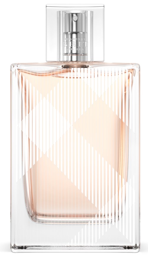 Eine klare Parfümflasche mit Sprühkopf, enthält rosa Flüssigkeit.