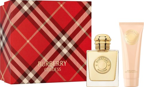Burberry Goddess perfume bottle and tube alongside a red tartan-patterned box.
