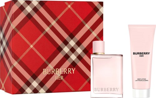 Burberry Her perfume and body lotion with pink packaging and a red plaid gift box.