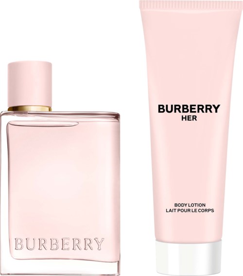 Burberry Her perfume bottle and body lotion tube in light pink color.